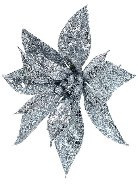 Christmas Warehouse - PICK1843 Silver Glitter & Sequin Poinsettia Christmas Tree Stem Pick | 19cm Silver