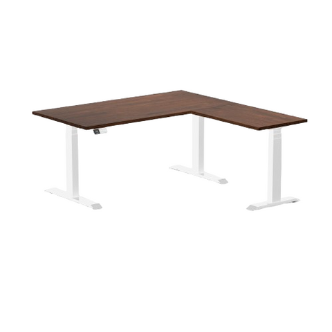Desky Rubberwood L-Shape Sit Stand Desk 150 x 155 cm Red Walnut Top and White Leg