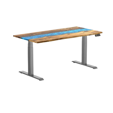 Desky Dual Resin Hardwood Sit Stand Desk 150cm Teak Blue River Desktop and Space Grey Frame