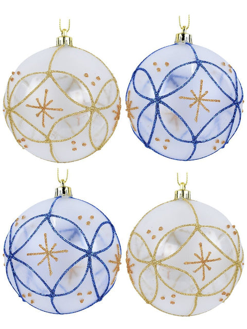 Christmas Warehouse - DECR9153 4x Radiant Frost & Clear Statement Multi Tone Glitter Baubles | 80mm Transparent with Blue, Gold & Rust Orange
