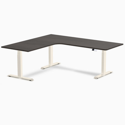 Desky L-Shape Melamine Sit Stand Desk 200cm - Left Return Burnished Wood Top and Matte Black Leg