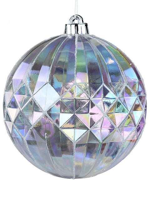 Christmas Warehouse - DECRH082 Iridescent Dynamic Grand Geometric Texture Silver Glitter Bauble | 15cm Transparent Iridescent with Silver