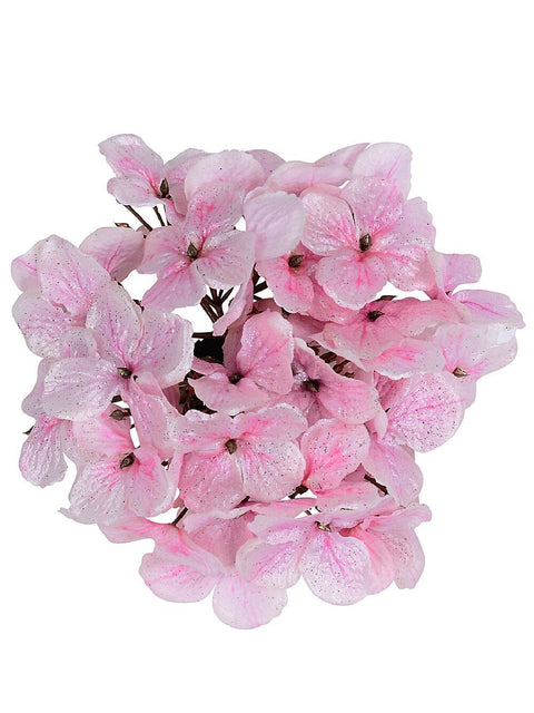 Christmas Warehouse - PICK2410 Pink Hydrangea Floret Cluster With Silver Glitter Christmas Tree Clip Pick | 15cm Pink with Rose Gold