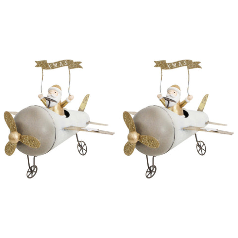 LVD 2PK Metal Plane with Santa Home/Living Room Christmas Display Decor 19x16cm