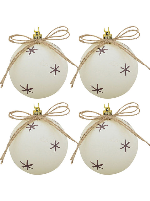 Christmas Warehouse - DECR2668 4x Heritage Ivory & Deep Mauve Signature Starburst Jute Bow Baubles | 80mm Ivory with Mauve & Natural