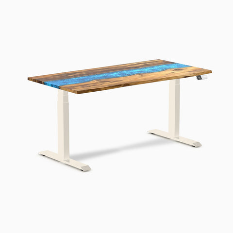 Desky Dual Resin Hardwood Sit Stand Desk 150cm Teak Blue River Desktop and Wheat Frame