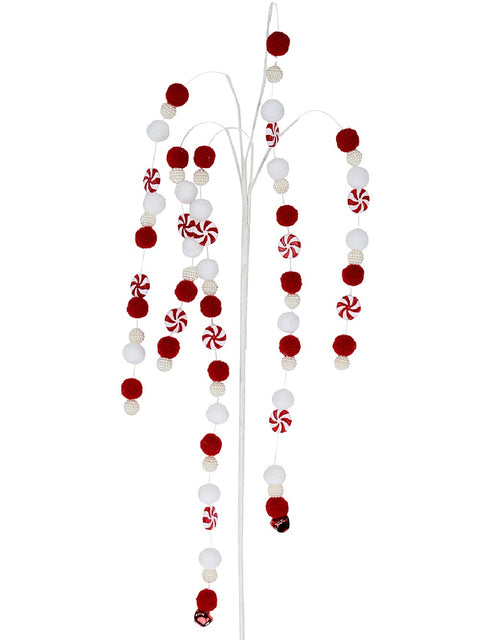 Christmas Warehouse - STEM2414 Red & White Candy Balls & Bells Weeping Willow Long Christmas Stem | 65cm Red & White