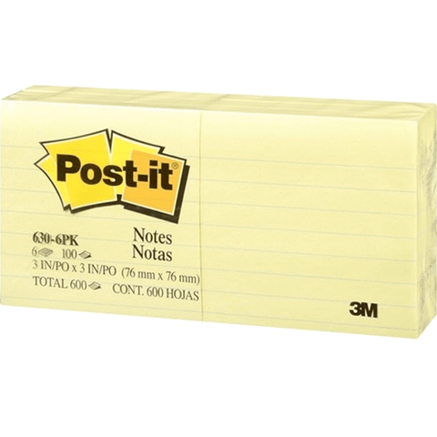 Post-It 630-6PK Lined Ruled Sticky Notes 73x73mm (Yellow) [Pack 6]