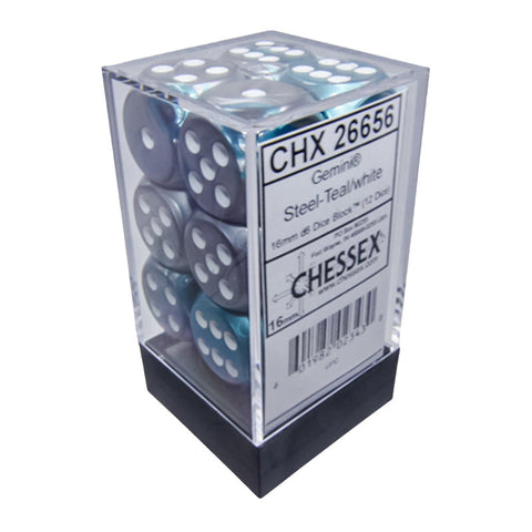 Chessex CHX 26656 Gemini Steel-Teal/White 16mm D6 Dice Block (12 Dice)