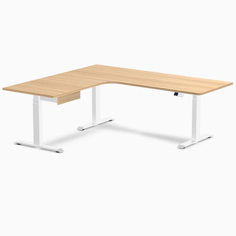 Desky L-Shape Melamine Standing Desk With Drawer 200cm - Left Return Sublime Teak Top and White Leg