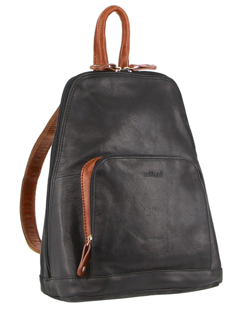Milleni Women's Leather Twin Zip Travel Backpack Bag 24x32cm Black Chestnut