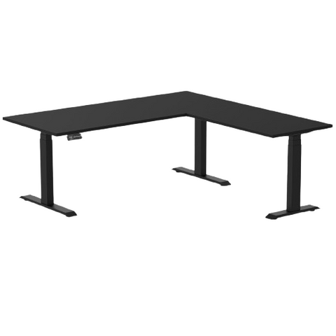 Desky Eco L-Shape Melamine Sit Stand Desk 180 x 175 cm Black Top and Matte Black Leg
