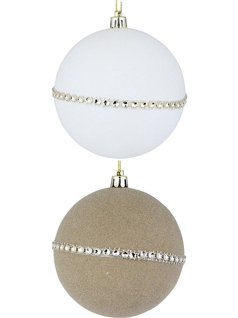 Christmas Warehouse - DECR9210 2x Opulent White & Coffee Signature Flocked Diamante Baubles | 95mm White & Coffee