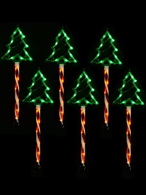 Christmas Warehouse - LITEPT22 6x LED Christmas Tree & Spiral Path Lights - Hybrid Solar & Electric Stakes | 61cm Green with Red & White