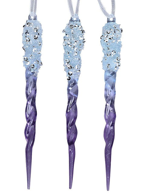 Christmas Warehouse - DECRH076 3x Purple Ombre & Sequin Icicle Whimsical Essential Ornament | 12cm Clear & Purple with Silver