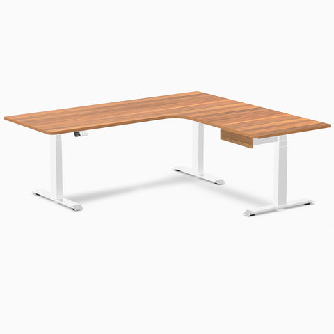 Desky L-Shape Melamine Standing Desk With Drawer 200cm - Right Return Prime Oak Top and White Leg