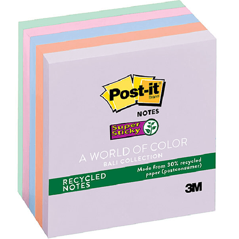 Post-It Notes Recycled Super Sticky 76x76mm Bali Pastel Colours [5 Pads]