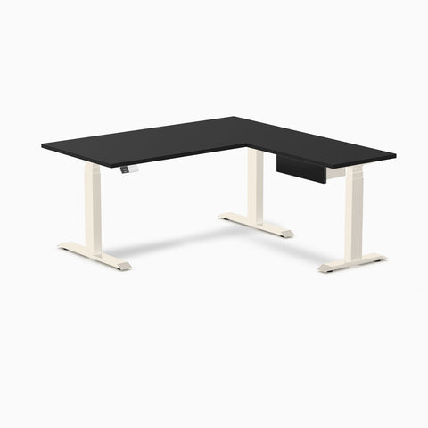 Desky Eco L-Shape Melamine Standing Desk With Drawer 150 x 155 cm Black Top and Wheat Leg