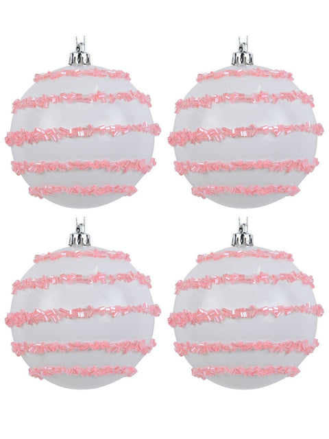Christmas Warehouse - DECR9145 4x Dynamic White & Pink Statement Beaded Stripe Baubles | 80mm White with Pink