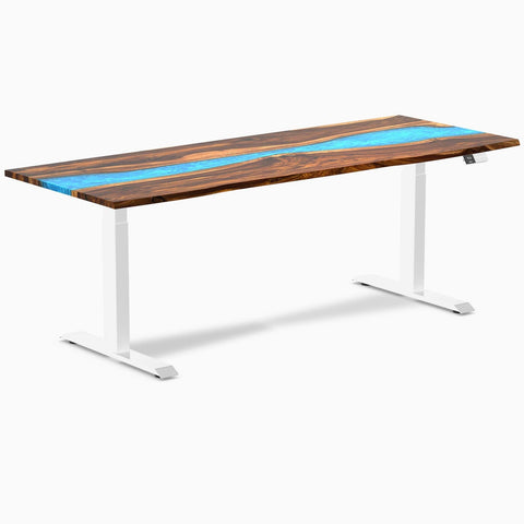 Desky Dual Resin Hardwood Sit Stand Desk 200cm Pheasantwood Blue River Desktop and White Frame