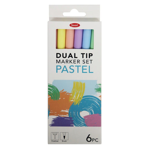 Jasart Dual Nib Brush Fineliner 0.4mm Pen/Marker Set (Pastel) [6-Pieces]