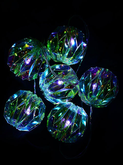 Christmas Warehouse - LITEFR23 15 Cool White LED With Iridescent Geometric Spheres 2 Function | 2.1m Cool White with Iridescent & Clear Wire Casing