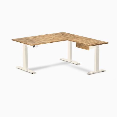Desky Hardwood L-Shape Standing Desk With Drawer 150 x 155 cm Teak / Wheat Top and Wheat Leg