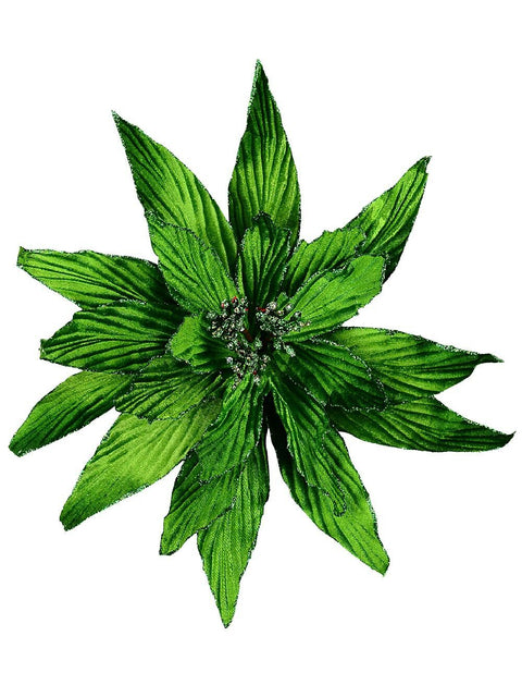 Christmas Warehouse - PICK2412 Green Velour Poinsettia With Glitter Christmas Tree Clip Pick | 35cm Green