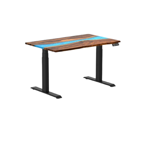 Desky Dual Resin Hardwood Sit Stand Desk 120cm Pheasantwood Blue River Desktop and Black Frame