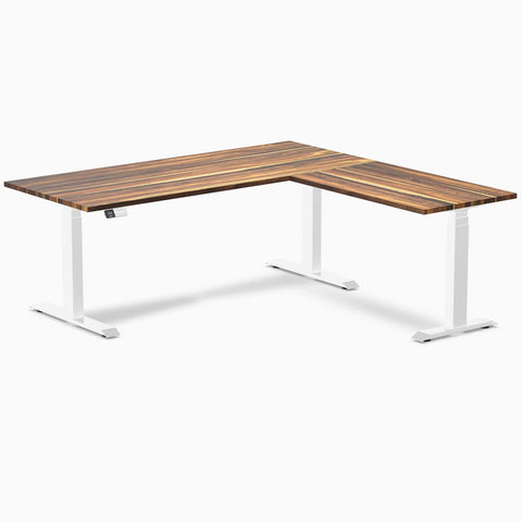 Desky Hardwood L-Shape Sit Stand Desk 180 x 175 cm Pheasantwood Top and White Leg