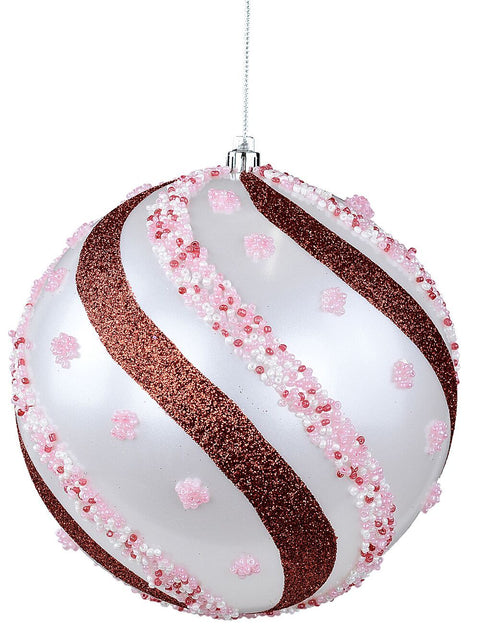 Christmas Warehouse - DECRH107 Red Pink & White Whimsical Grand Beaded Candy Swirl Bauble | 15cm White with Red & Pink
