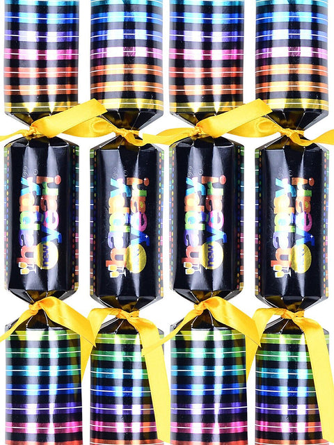 Christmas Warehouse - BONS2405 8x Happy New Year Rainbow On Black Funky Bon Bons (Crackers) | 30cm Multi Colour on Black with Yellow