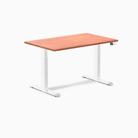 Desky Dual Softwood Sit Stand Desk 120cm Red Cedar Desktop and White Frame