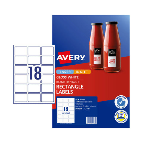 Avery Gloss Rectangle Labels, 62 x 42 mm [180-Pieces]