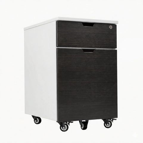 Desky Minimal Wooden Filing Cabinet - White / Dark Bamboo