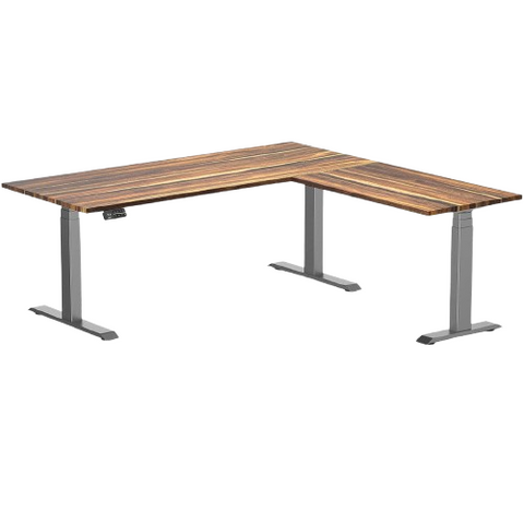 Desky Hardwood L-Shape Sit Stand Desk 180x175cm Pheasantwood and Space Grey Leg