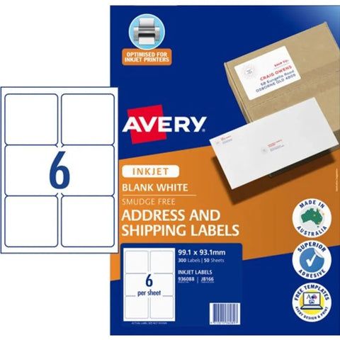 Avery 936088 J8166 Shipping Labels Inkjet 6UP White Pack 50 Sheets