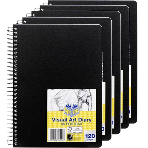 Spirax P705 Visual Art Diary A5 120 Page Black Cover 120 Page Spiral 5 Pack