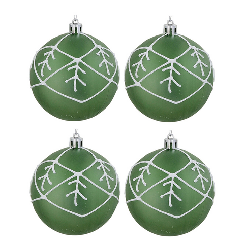 Christmas Warehouse - DECR2667 4x Celestial Frosted Sage Green Signature Snowflake Grid Baubles | 80mm Green with White