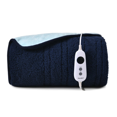 Dreamaker Eve Reversible Sherpa and Coral Fleece Heated Throw [130x160cm] (Midnight Blue/Sky)
