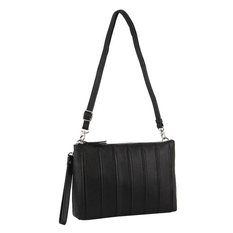 Pierre Cardin Women's Leather Stitch Design Shoulder Crossbody Bag 28cm Black
