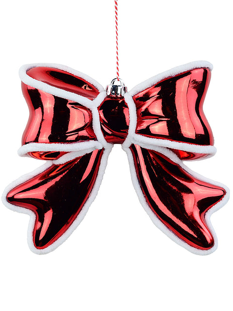 Christmas Warehouse - DECR2680 Whimsical Red Metallic 3D Ribbon Bow Christmas Tree Ornament | 24cm Red with White