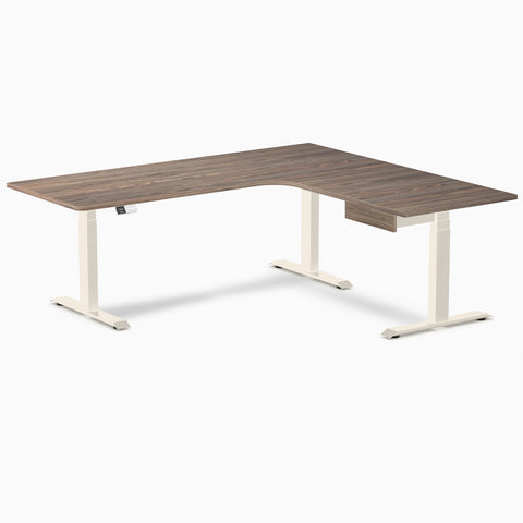 Desky L-Shape Melamine Standing Desk With Drawer 200cm - Right Return Natural Walnut Top and Wheat Leg