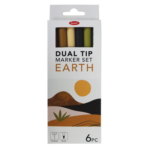 Jasart Dual Nib Brush Fineliner 0.4mm Pen/Marker Set (Earth) [6-Pieces]