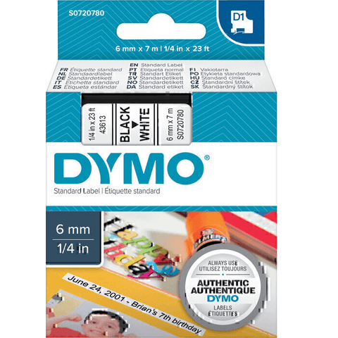 Dymo 43613 D1 Labelling Tape 6mmx7m (Black On White)