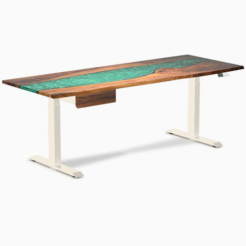 Desky Dual Resin Hardwood Standing Desk With Drawer 200cm Natural Walnut Emerald River Desktop and Wheat Frame