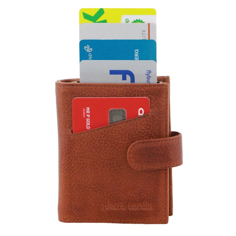 Pierre Cardin Leather Smart Slide Card Holder Tab Bi-Fold Wallet 10cm Tan