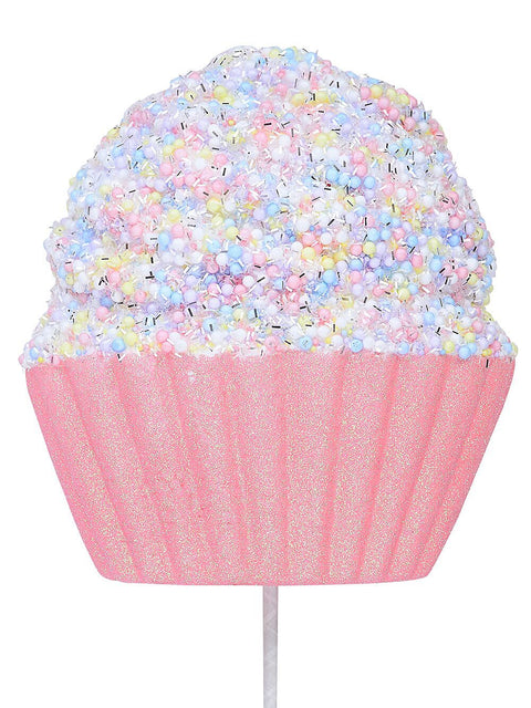 Christmas Warehouse - STEM2523 Pink Cupcake With Pastel Sprinkles & Silver Tinsel Long Christmas Stem | 71cm Pink With White, Blue, Yellow & Silver