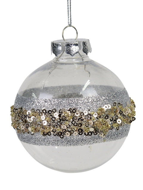 Christmas Warehouse - DECRH866 Dynamic Clear Statement Silver Glitter & Gold Sequin Baubles | 80mm Clear with Silver & Gold
