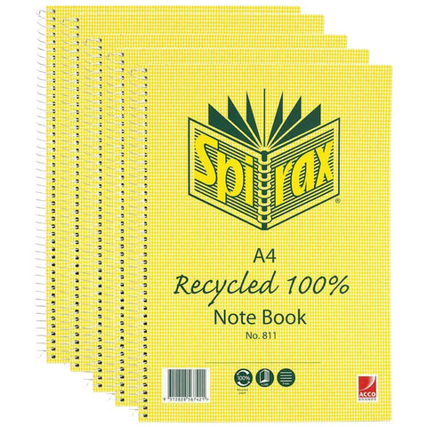 Spirax 811 Spiral Bound Recycled Notebook A4 240 Page 70gsm Pack 5